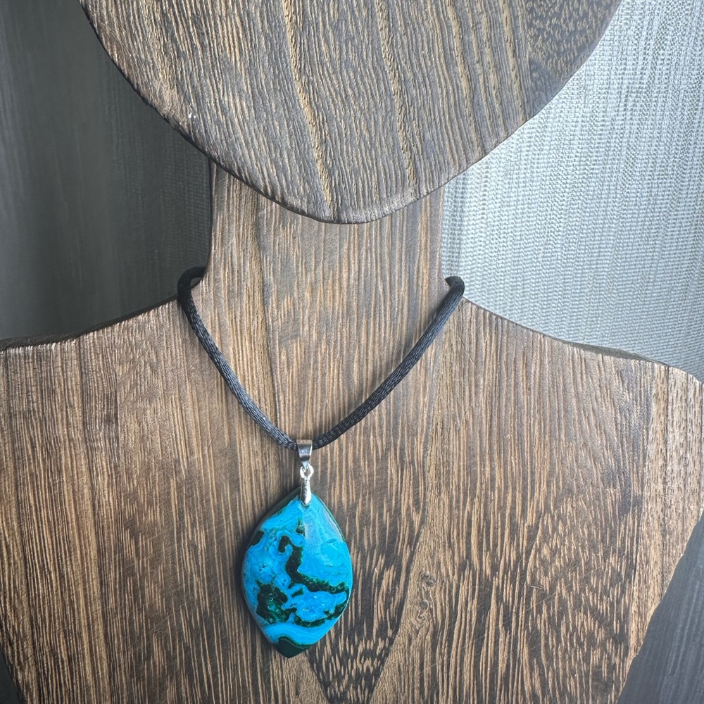 Chrysocolla Teardrop Pendant Necklace on Black Rope - Picture 8 of 14